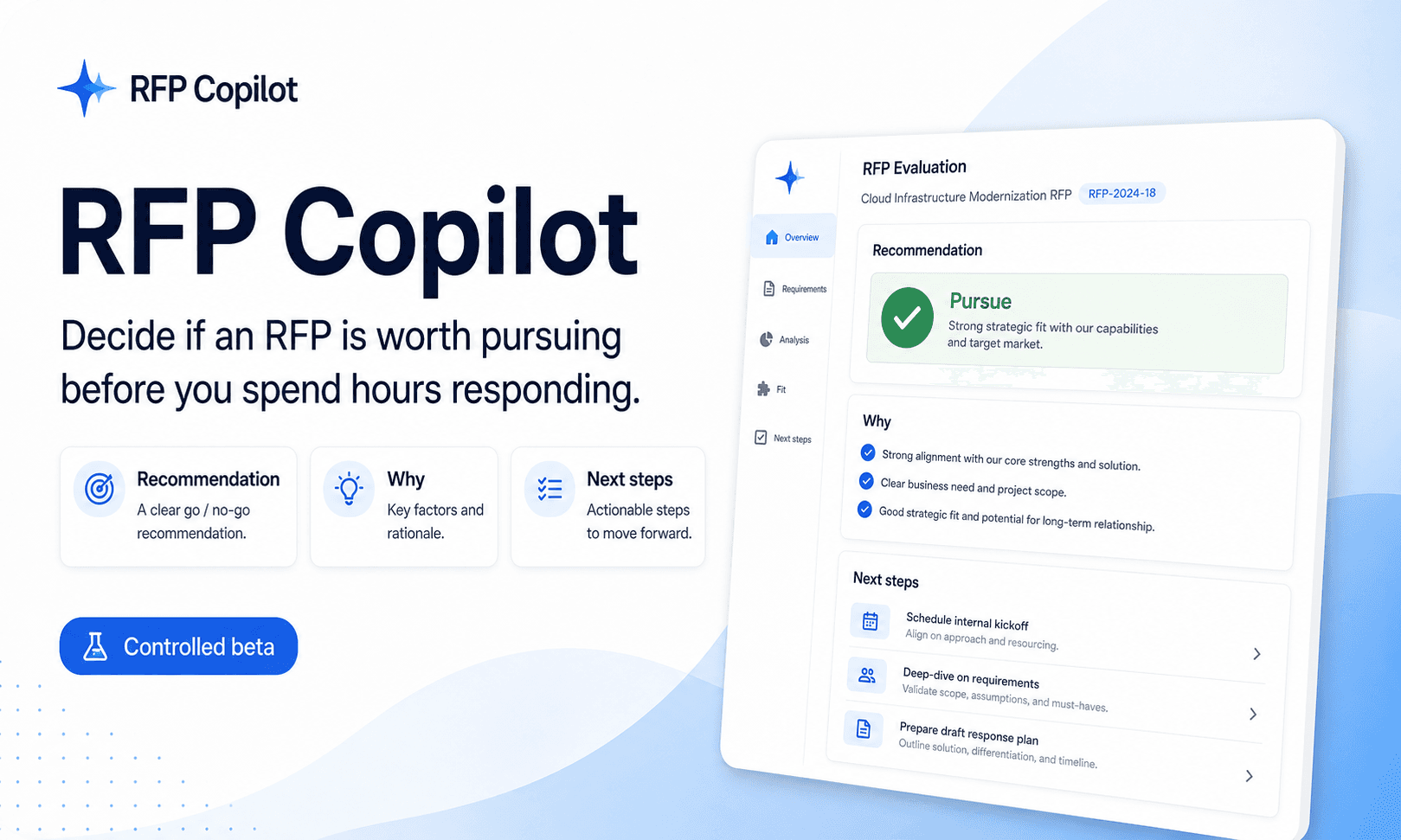 RFP Copilot preview showing an opportunity document review workspace where users can start an opportunity qualification.