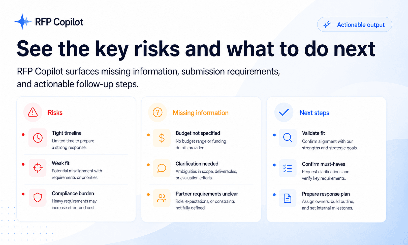RFP Copilot risk and next steps preview showing risks, missing information, and follow-up actions.